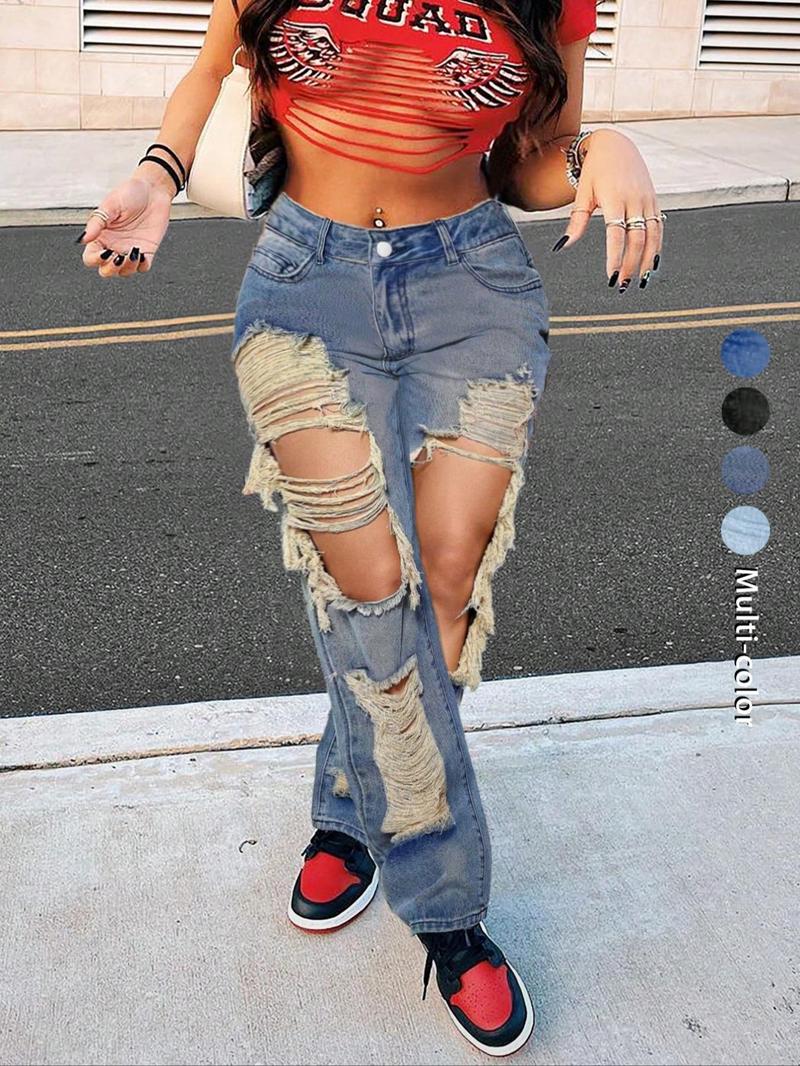Women's Plain Ripped Denim Jeans, Fashion Casual Jeans for Daily Wear, Ladies Bottoms for All Seasons, Baggy Womenswear
