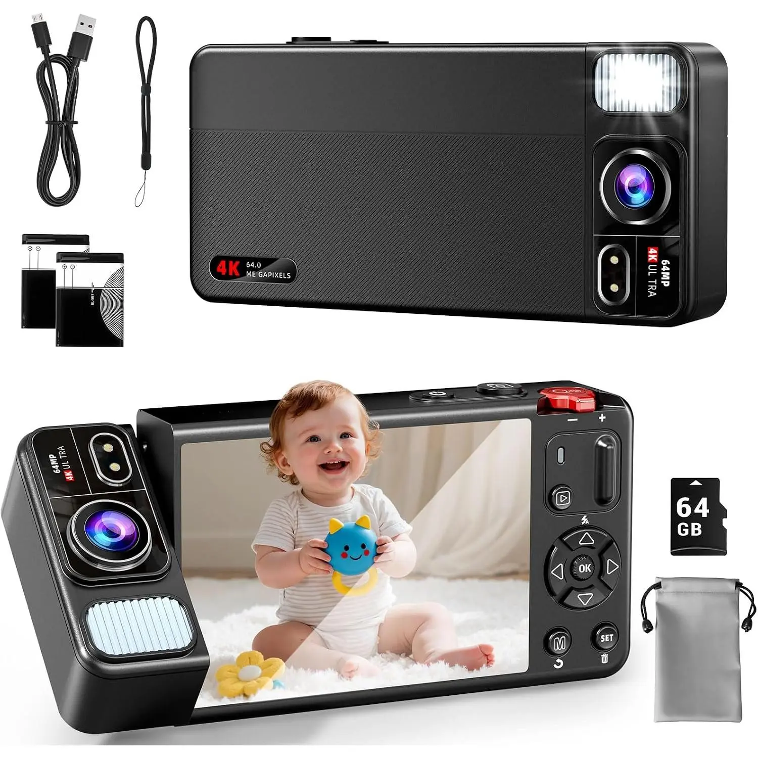 Digital Camera, 4K 64MP Cameras for Photography, 270°Flip Screen Vlogging Camera, Autofocus, Flash, 18X Zoom, 2 , 64GB Card, Point and Shoot Digital Cameras for  Teens, Black