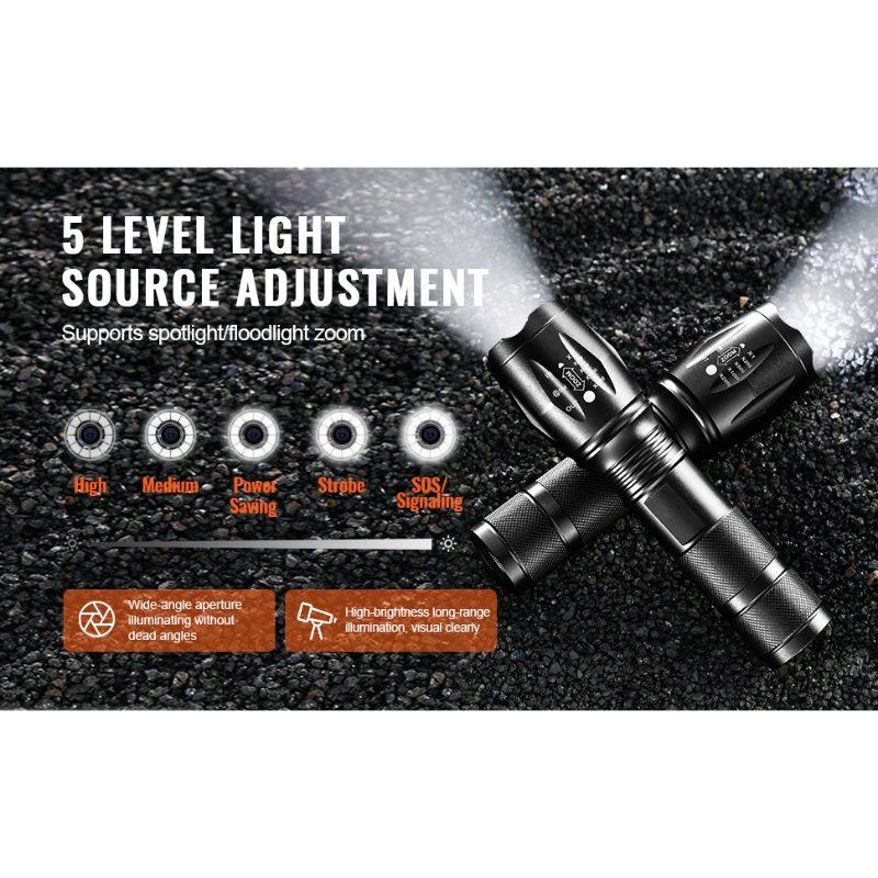 VEVOR 2 Pack Flashlights Torch, 2000 High Lumens 5 Modes Adjustable Focus Flashlight, IP44 LED Waterproof Handheld Flashlight for Camping Cycling Hiking Fishing Emergency