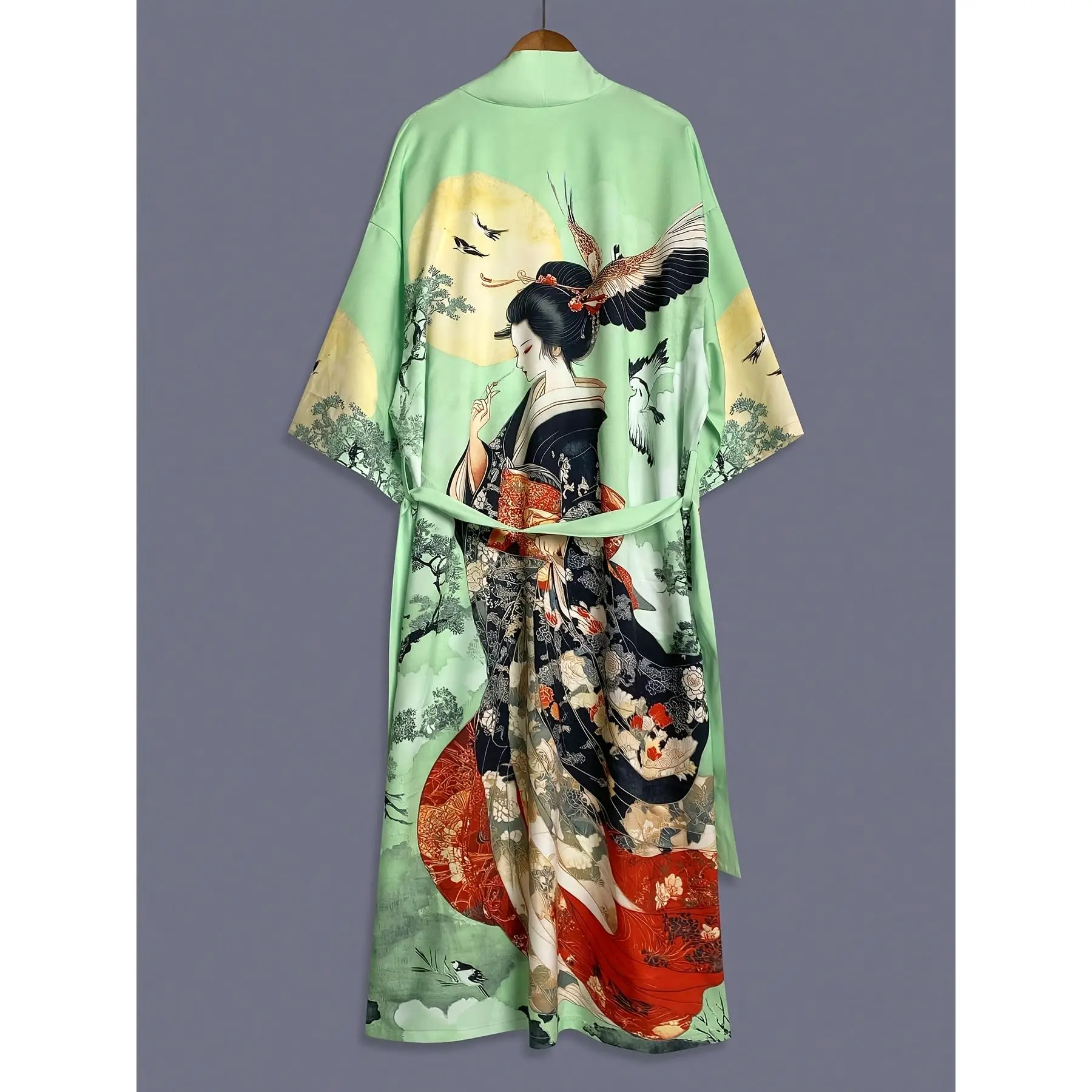 [Mid-Length Seven-Eighth Sleeve] Vintage Japanese Kimono Cardigan| Traditional Ethnic Beauty Print| Seven-Eighth Sleeve Satin Thin Outerwear for Women, European and American Elegant Street Style Casual Loose Cover-Up, Beach Travel Vacation Uchikake Japane