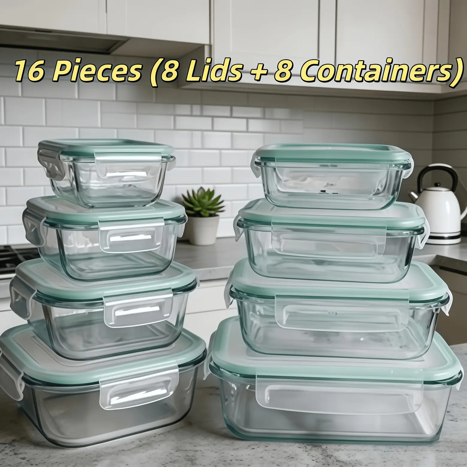 16PCS (8 Lids & 8 Containers) Airtight Glass Food Storage Containers Lunch Boxes, Microwave & Oven Safe, Durable Food Storage Set for Salads Fruits Vegetables Sandwiches