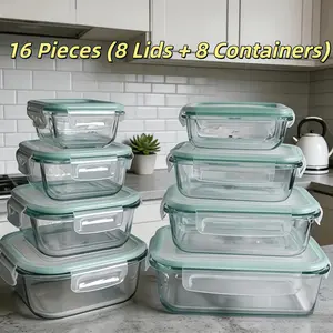 16PCS (8 Lids & 8 Containers) Airtight Glass Food Storage Containers Lunch Boxes, Microwave & Oven Safe, Durable Food Storage Set for Salads Fruits Vegetables Sandwiches