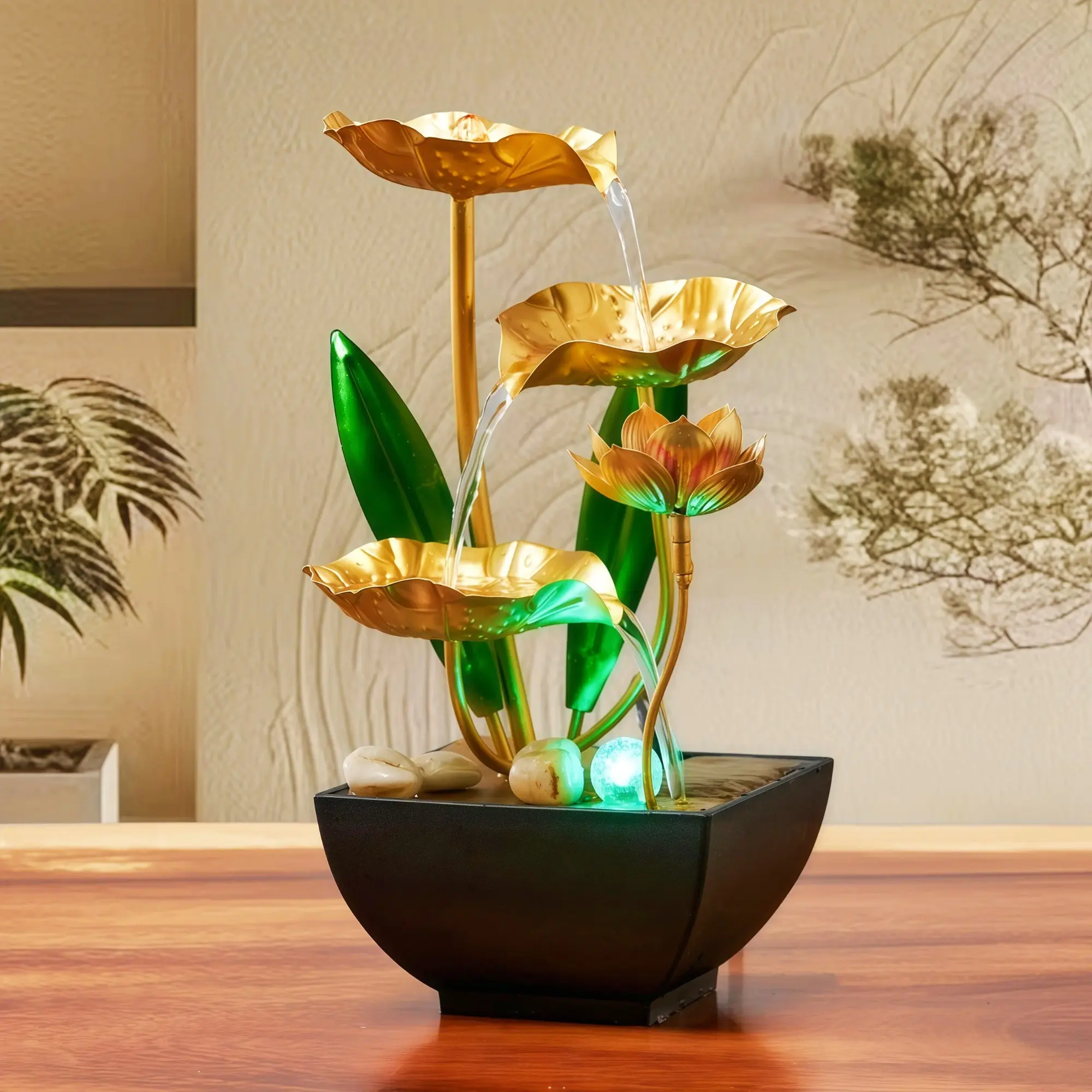 USB Mini Indoor Fountain Humidifier with Colorful LED Lights, Zen Tabletop Waterfall Decor, Golden Lotus Leaf Metal Crafts, Soothing Sound, Home Water Feature for Bedroom Living Room Office Desk, Desk Humidifiers for Office, USB Powered Humidifier