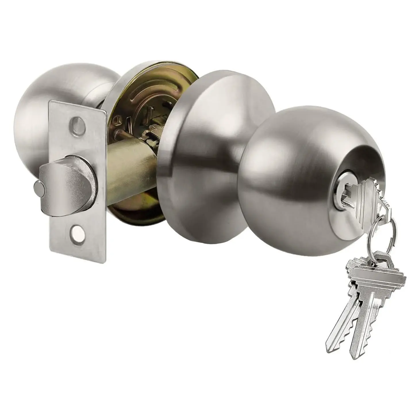 Satin Nickel Standard Ball Keyed Entry Door Knob with Lock - Interior & Exterior Door Hardware