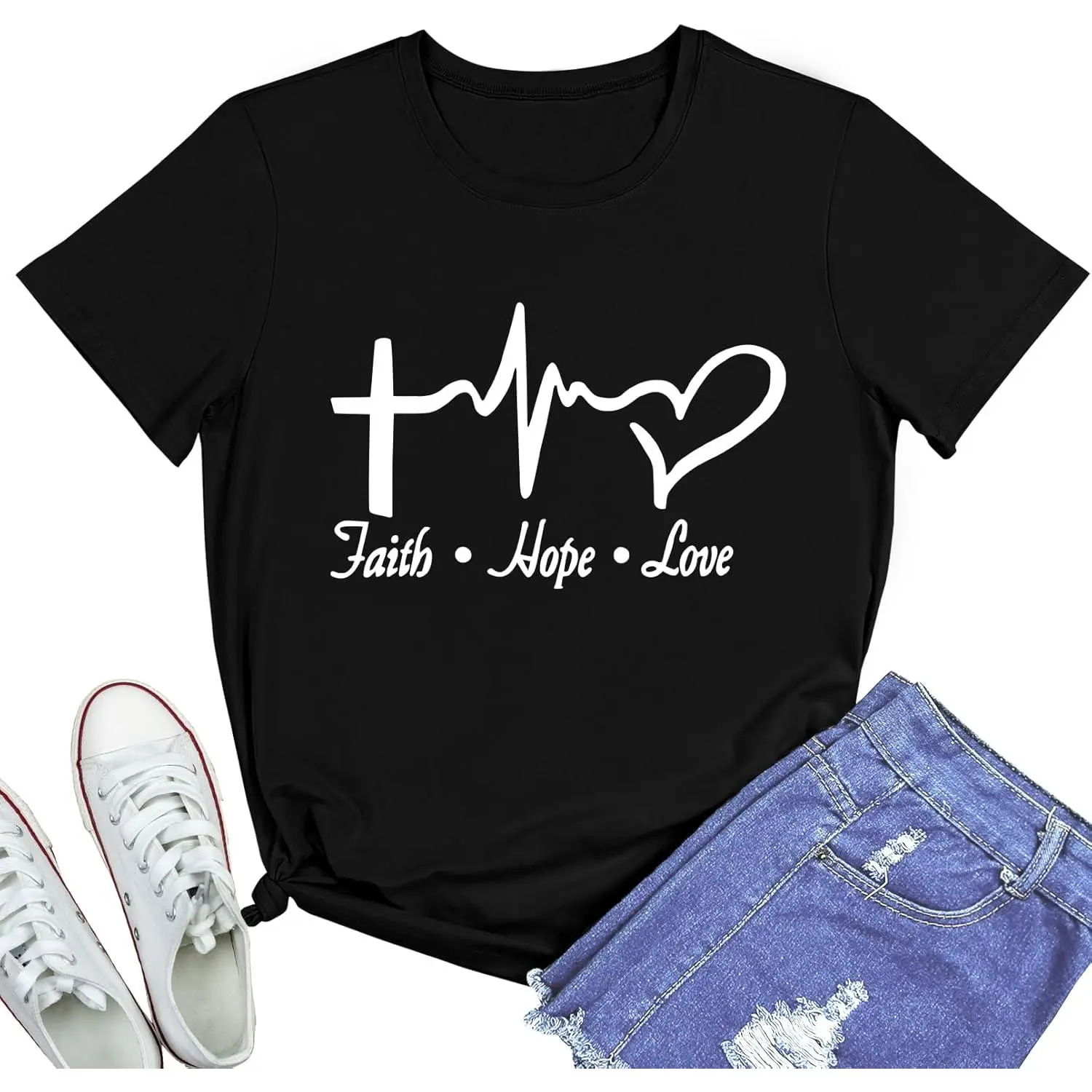 Women's Cotton Short-Sleeve Casual Fashion Comfortable Christian Inspirational Tee - Faith Hope Love Cross Heartbeat Graphic Black T-Shirt, Shortsleeve,graphic tees women Top Matching Print, Soft, Round Neck, Regular Fit, Classic, Crew Neck