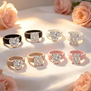 2pcs New Y2K Silicone Ring for Women, Heart & Rectangle Cut CZ Crystal Ring, Colorful Rubber Band Ring, Hip Hop Aesthetic Jewelr