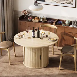 Extendable Round Dining Table with 2-Tier Storage Shelf & Drawer, 47 to 63 Inch Expandable Kitchen Table for 2/4/6/8 PM, Modern Farmhouse Fluted Pedestal Oval Round Dinner Table