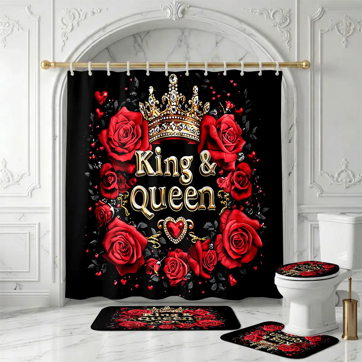 King & Queen Crown Red Rose Shower Curtain Set – Romantic Love Heart Royal Bathroom Decor for Valentine's Day, Wedding, Anniversary, Christmas, Birthday & Couple Celebration