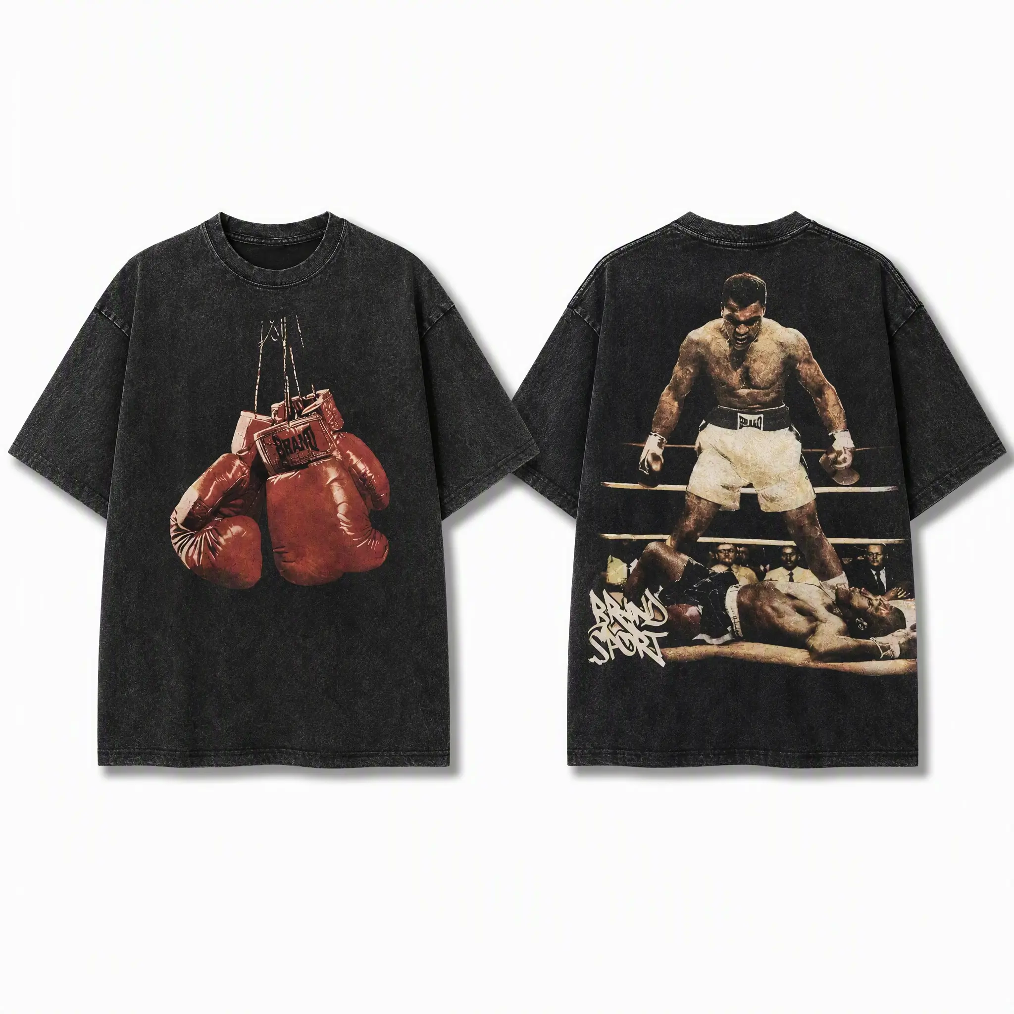 Retro Washed Muhammad Ali Boxing Graphic T-Shirt |   Double-Sided Red Gloves & "Knockout" Print, Unisex Oversized Streetwear for Men & Women, Vintage Boxing Legend Aesthetic