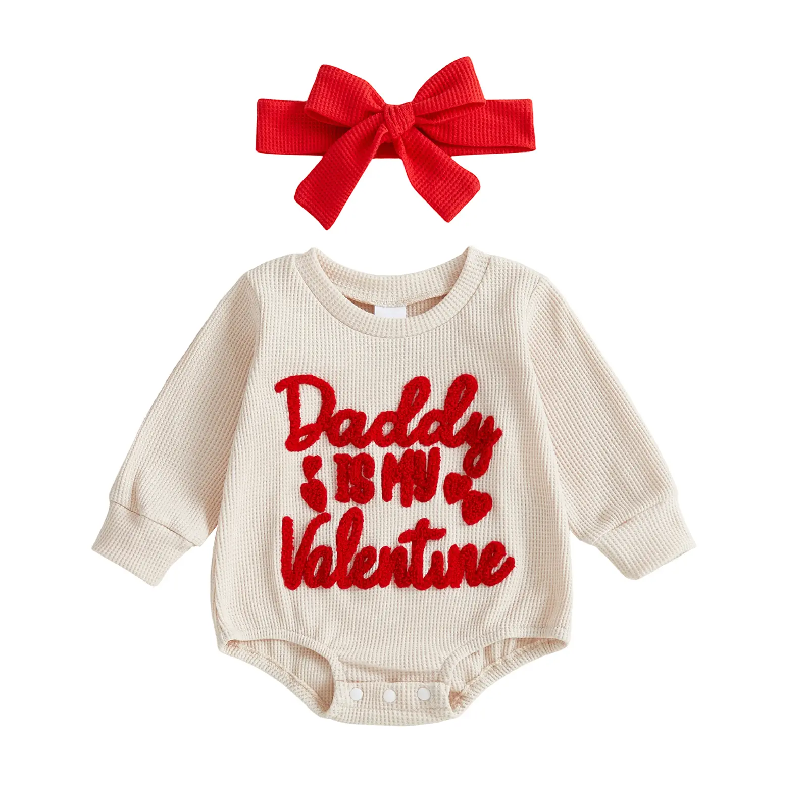 Baby Girl Clothes Valentines Day Outfit Cute Letter Embroidered Waffle Bubble Romper Onesie Sweatshirt