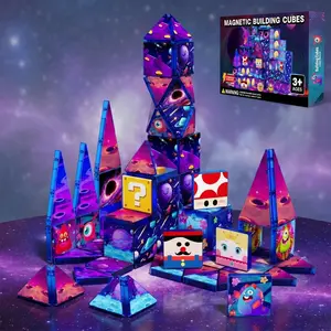 MAGNETIC BUILDING CUBES 52/60 Pcs | Super Mario Theme STEM Magnetic Tiles, 3D Creative Building Blocks | Strong Grip, Drop Resistant, Light-Through | Non-Toxic Rounded Choking-Safe | Birthday Gift for Ages 3+