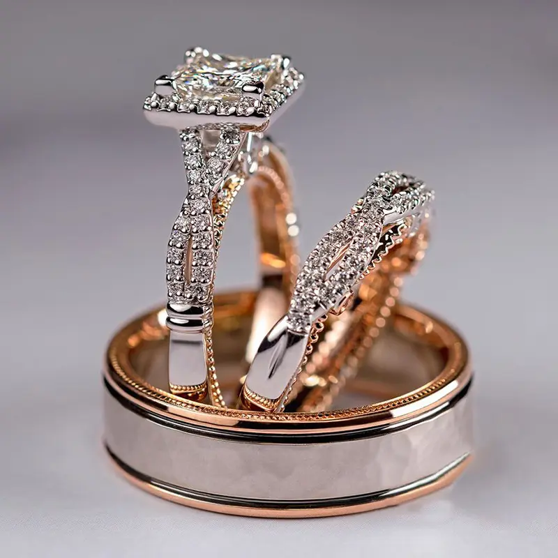 3‑Piece Couple Ring Set, Sparkling Full Paved Zircon Inlaid Rings Two‑Tone Luxury Matching Fashion Couple Jewelry Ring Set