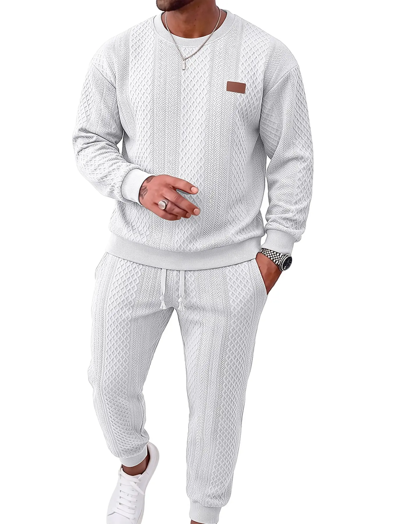 Men's Casual Solid Texture Knit Round Neck Sweatshirt with Elastic Waist Drawstring Joggers Set, Easy Care Fabric, Loose Fit, Spring Fall Fashion Clothes