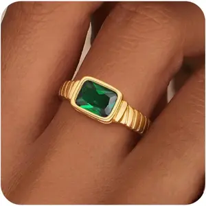 Birthstone Gold Rings for Women Non Tarnish Vintage Gemstone Emerald Rings 14K Gold Plated CZ Signet Thumb Band Rings Jewelry Gift for Birthday Size 6-10