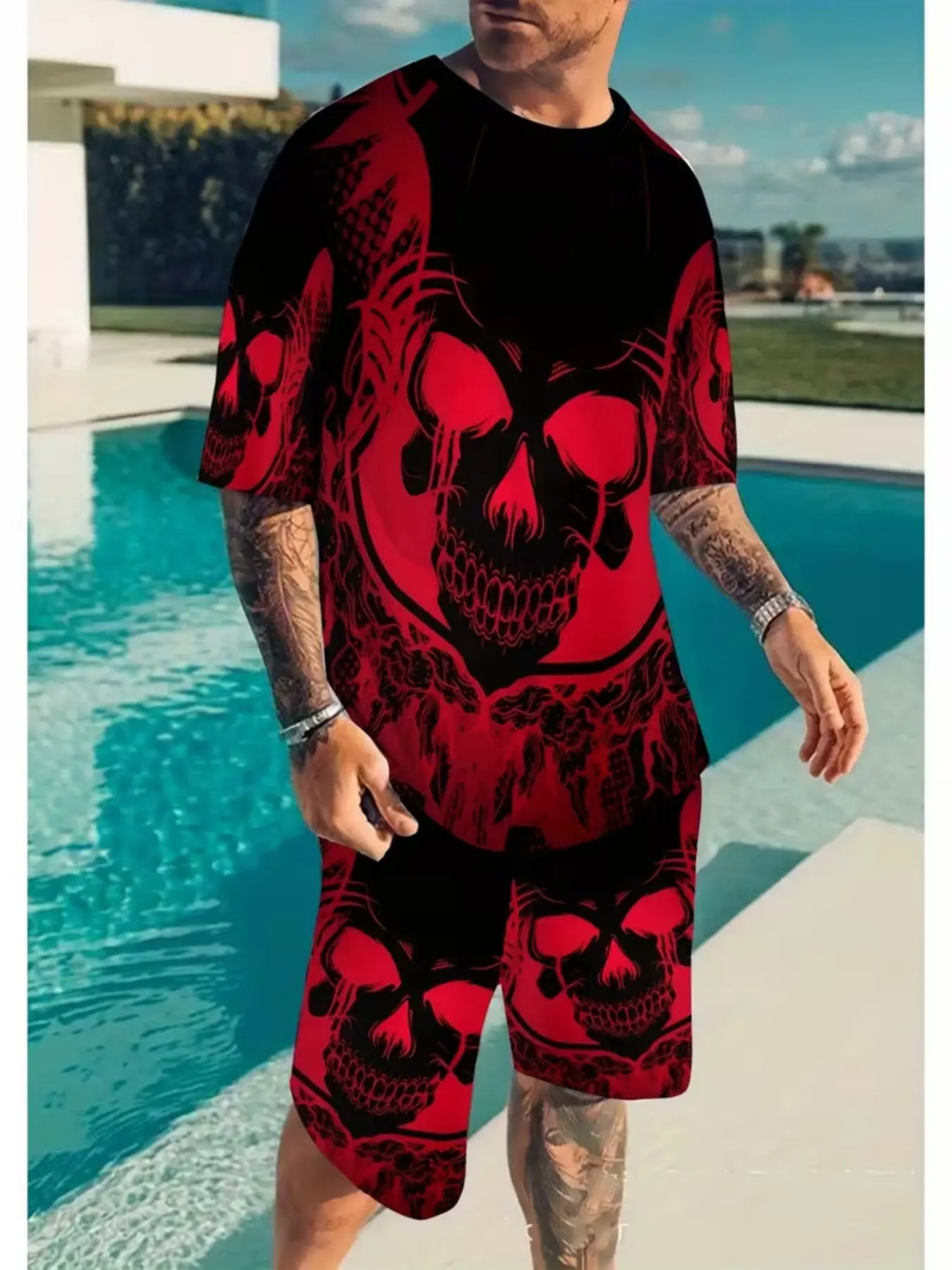 Men Gothic Red Skull All Over Print 2 Piece Outfit, Crew Neck Short Sleeve Tee Drawstring Shorts Set, Casual Tracksuit For Punk Halloween Daily Street Wear