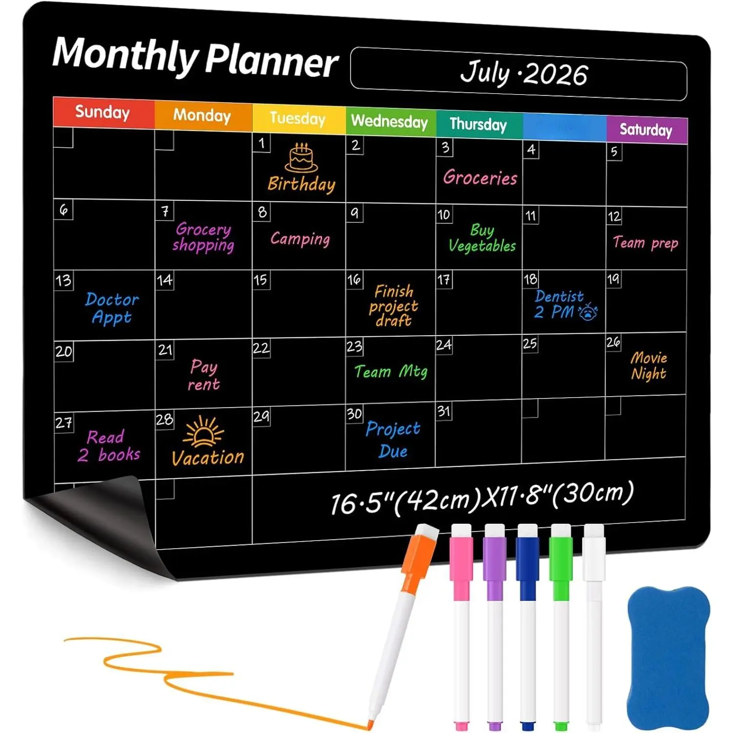 Dry Erase Board, 16.5"x11.8"  Calendar for Planner 2026, Fridge White Board, Monthly Calendar for Fridge with 6 Markers & Eraser for Cleaning Schedule and Checklist