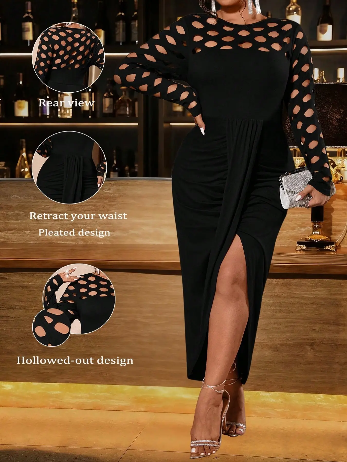 Plus Size Women’s Elegant Cut Out Formal Party Dress, Long Sleeve Bodycon Maxi Dress with Slit Detail, Ruched Waist Design for Night Out, Cocktail Party and Special Occasions
