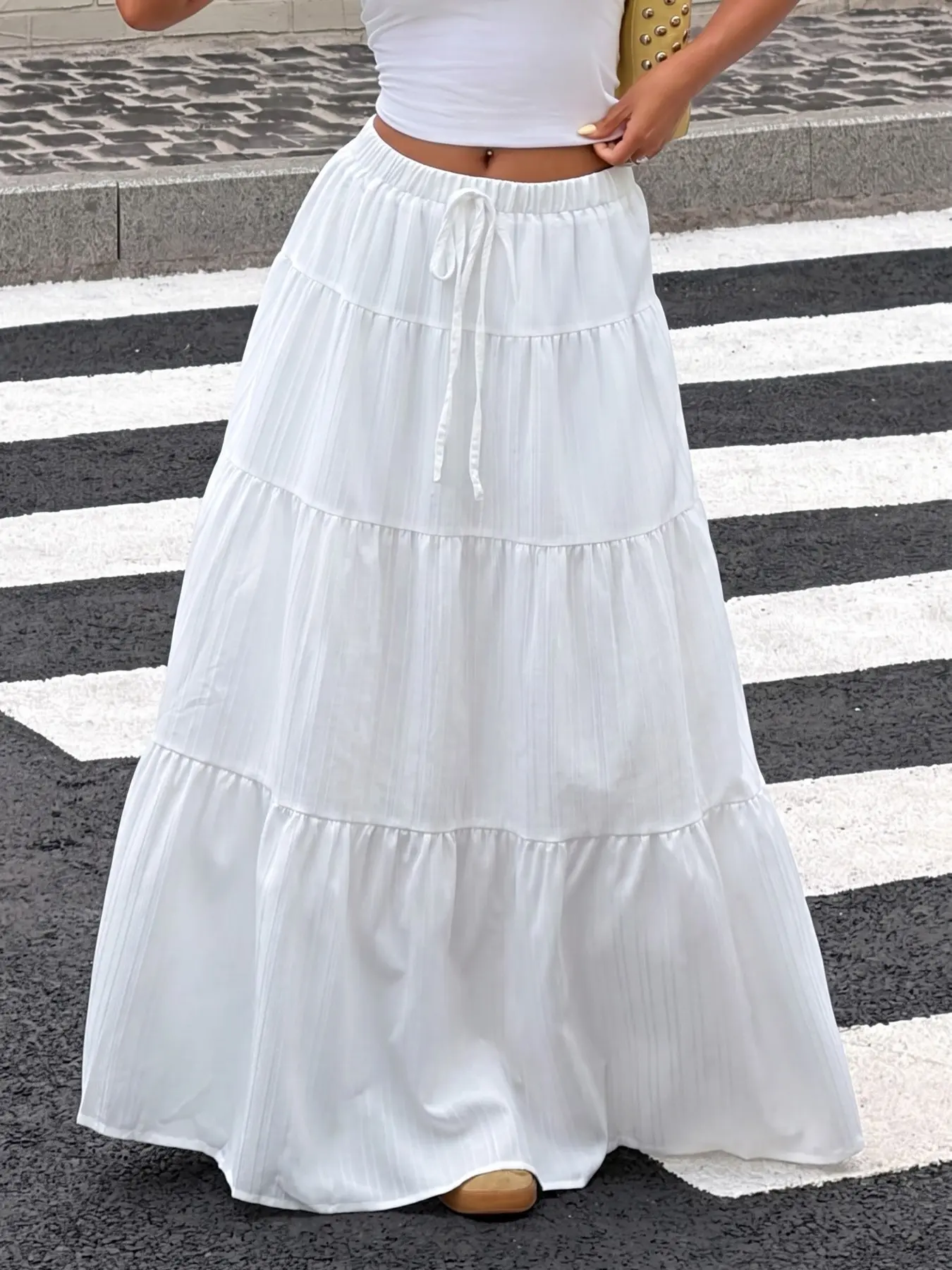 Solid White Vertical Textured Drawstring Elastic Waist Tiered Ruffle Maxi Skirt, Solid Color Skirts, Women Flowy Loose Fit A Line Skirt Boho Coastal Beach Vacation Casual Summer Maxi Bottoms