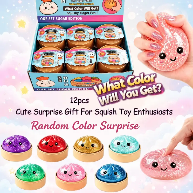 12Pcs Glitter Dumpling Soft Rubber Squishy Stressball, Squeeze Stress Balls, Blind Box Set, Real Bread Bun Stress Relief Squeeze Toy, Sensory Fidget Ball for Anxiety & Hand Relaxation, Birthday Exchange Gift for Kids Teens Adults