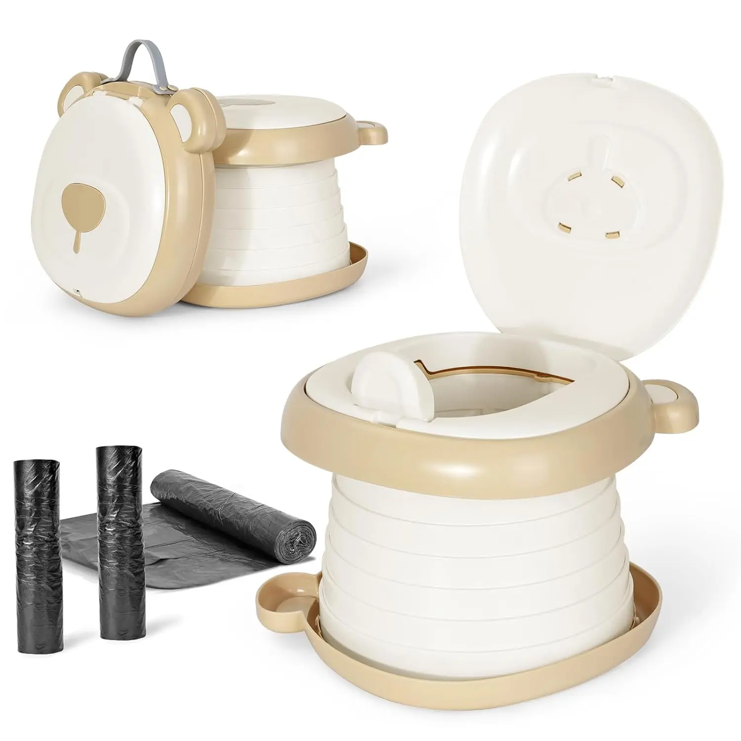 Unisex Portable Potty Training Toilet for Toddlers, Foldable Travel Potty Seat with Free Travel Bag & Disposable Liners, Indoor/Outdoor Essentials, Khaki New Model