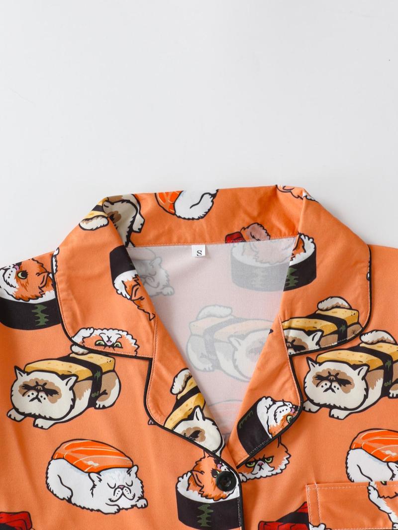 Women's All Over Cartoon Cat Print Short Sleeve Pajama Two-Piece Set, Regular Fit Casual Comfy Shortsleeve Button Front Chest Pocket Design Lapel Neck Top & Elastic Waist Shorts PJ Set, Ladies Sleepwear for All Seasons