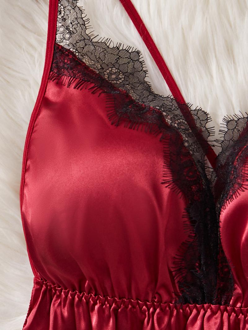 Women's Solid Color Lace Trim Split Hem V Neck Satin Nightdress & Thong Sexy Lingerie Set, Sexy Comfy Adjustable Spaghetti Strap Criss Cross Backless Nighty Dress & Panty Set, Ladies Sleepwear for All Seasons, Loungewear