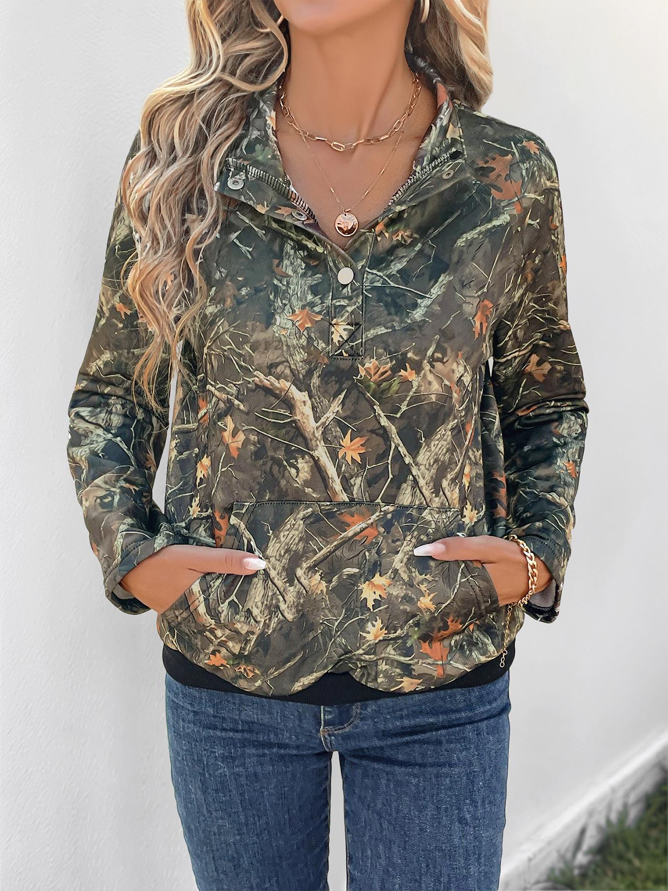 2025 Autumn New Casual Daily Camouflage Maple Leaf Floral Print Pullover Sweatshirt for Women
