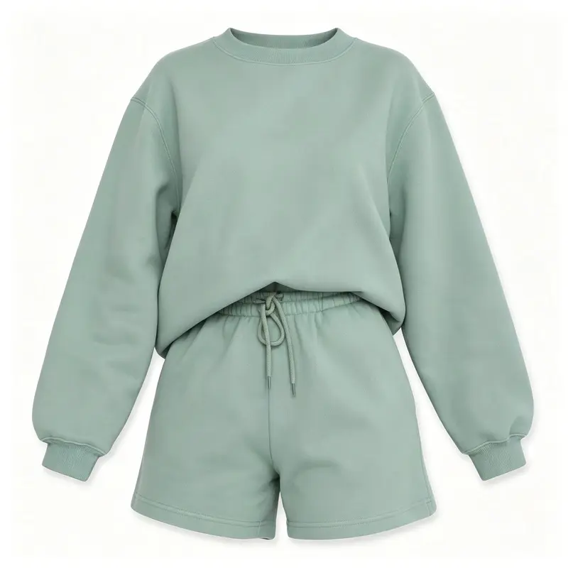 Women 2 Piece Outfit Set, Solid Color Loose Crew Neck Long Sleeve Sweatshirt and Shorts Set, Casual Loungewear Tracksuit for Spring Autumn Daily Wear