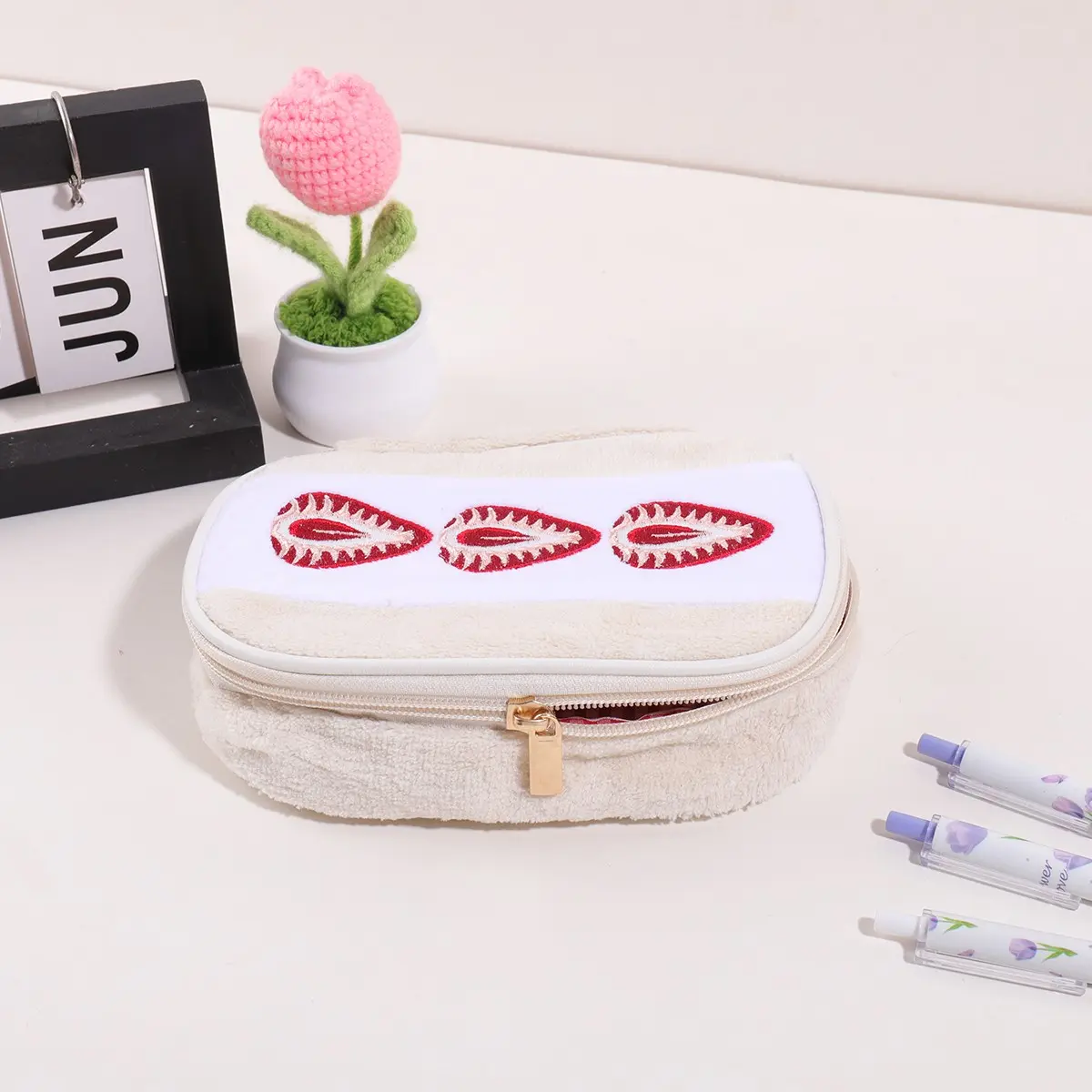 Strawberry embroidered plush pencil case, soft off-white zippered Pen pouch, portable stationery storage bag, desk organizer, suitable for school, office, desk, travel, daily essentials, and back-to-school gifts