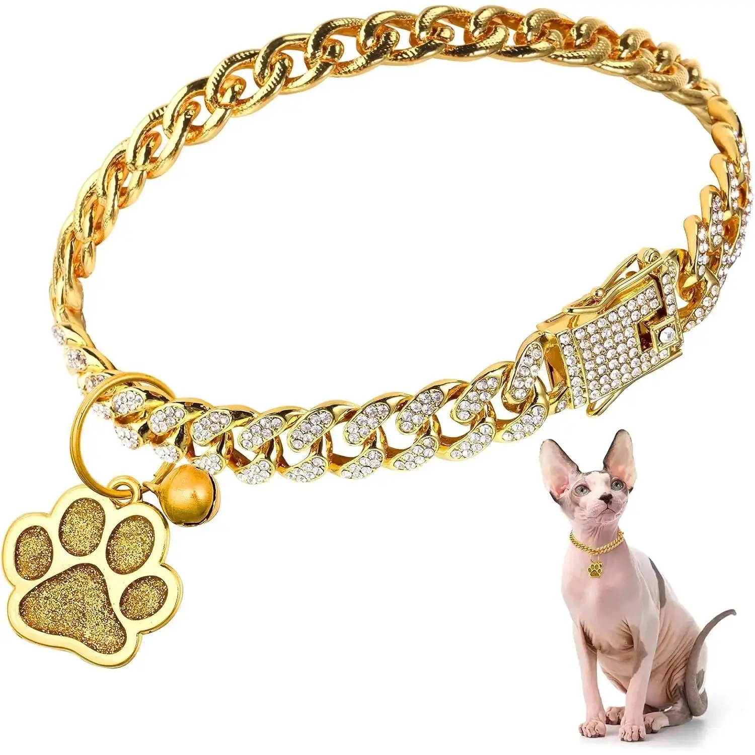 Gold Cat Diamond Collar Chain - Glitter Cuban Link Pet Necklace with Bell, ID Tag, Paw Charm, Secure Buckle - Animals Rhinestones Lightweight Zinc Metal Pet Neck Accessory for Parties, Walking, Gifting, All Seasons, Bell Tag