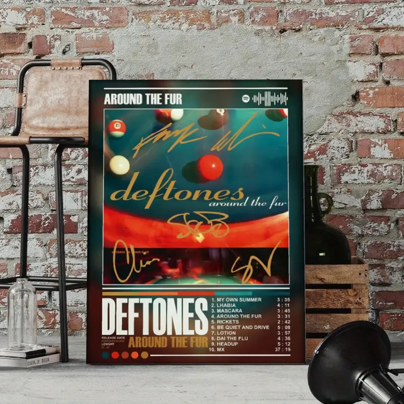 Deftones Around The Fur Poster Canvas Wall Art Album Tracklist Graphic Layout Signature Print Alternative Metal Nu Rock Band Wall Decor for Dorm Room Bedroom Music Studio Fans Unframed Hanging Canvas Wall Paintings Bedroom Aesthetic Canvas Print