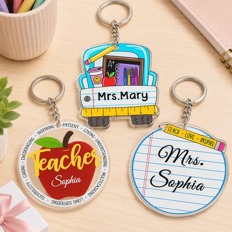 Personalized Teacher Keychain Custom Name Text Acrylic Teacher Keychain Apple School Bus Notebook Design For Keys Teacher Lanyard Backpack Pencil Case Classroom Supplies Back To School Teacher Appreciation Gift For Teachers Educators School