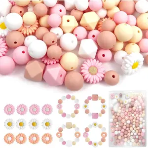 150 count Boho Daisy  Beads Bulk Set, 12mm & 15mm Round, 14mm Hexagon, 20mm Daisy, 4 Colors  Flower Loose  Focal Beads for Necklace Bracelet Pens Making