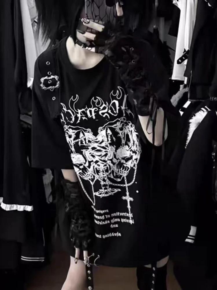 Yabi Hottie Gothic Dark Vintage Tops Subculture Y2k Print Short Sleeves Loose T-shirt Women Black Casual Clothes 2000s Chic Tees Yabi Hottie Gothic Dark Vintage Tops Subculture Y2k Print Short Sleeves Loose T-shirt Women Black Casual Clothes 2000s Chic Tees