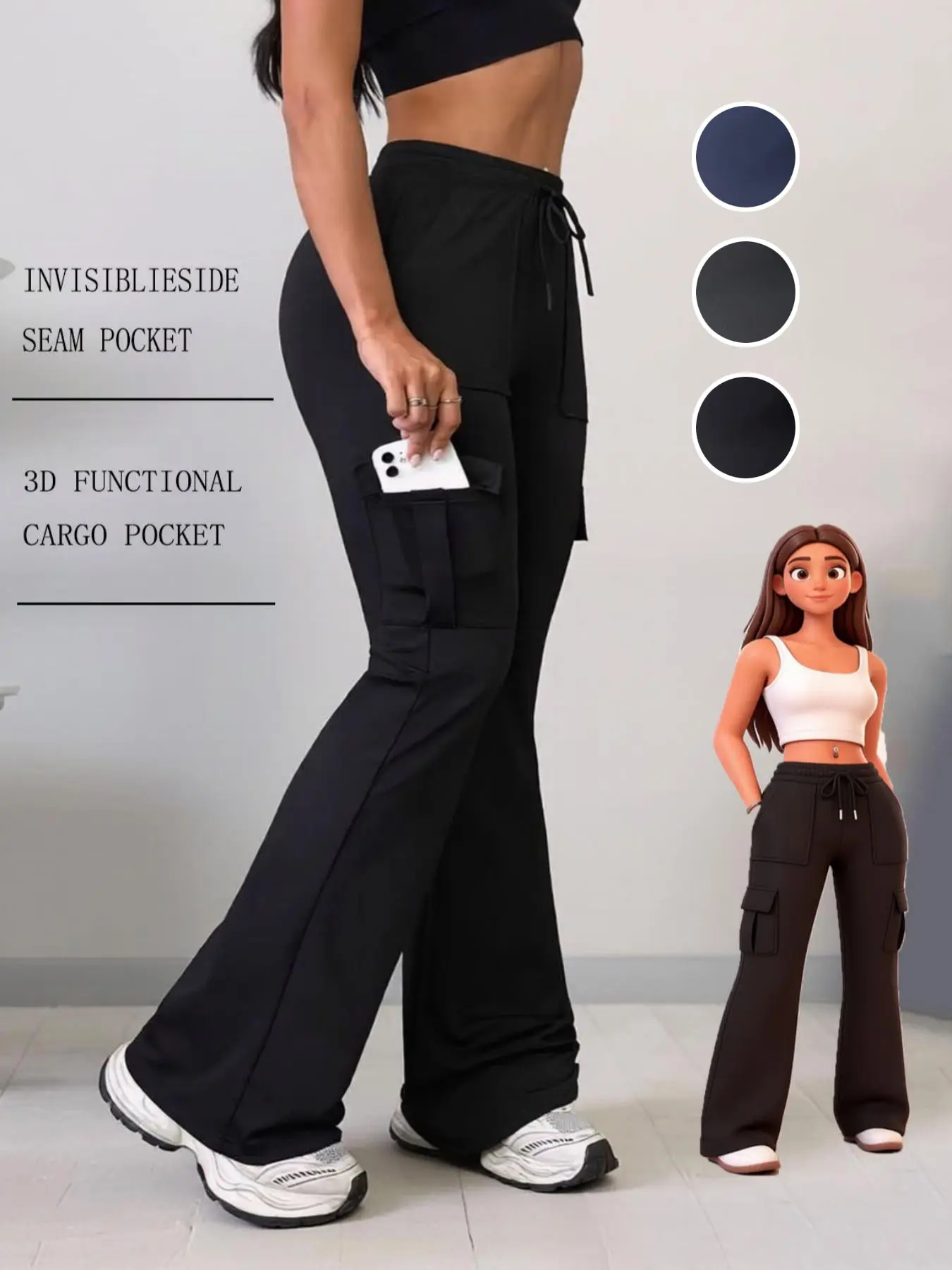 Women's Straight Leg Cargo Pants, New European Style, Solid Color, Slim Fit, Pockets, Breathable, Elastic, Adjustable, Comfortable, Multisport, Fitness, Bottoms