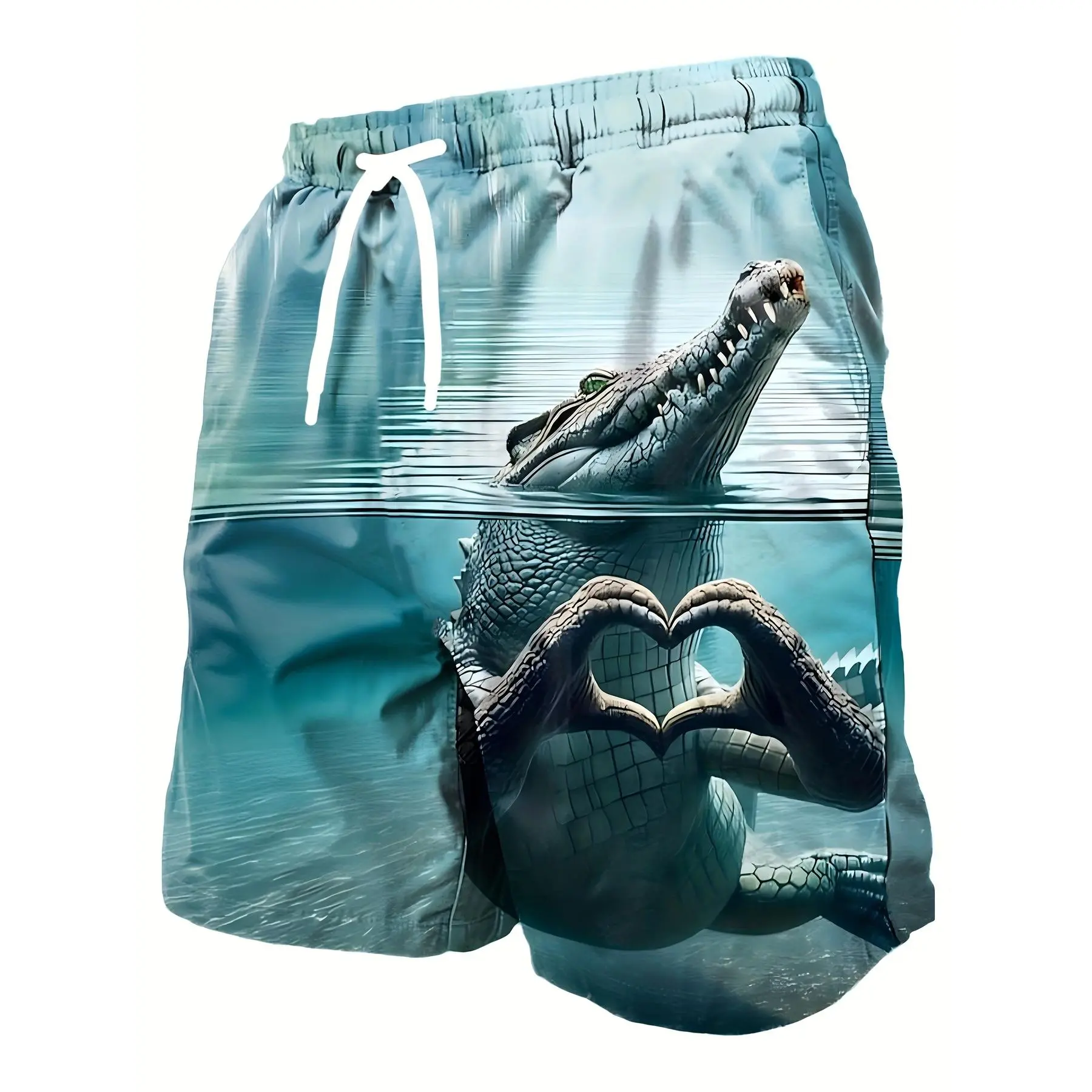 Crocodile Heart Print Men's Beach Shorts With Lining, Light Polyester Drawstring Trunks For Golf Fishing Gym Basketball Summer Outdoor Casual Sports Outfit