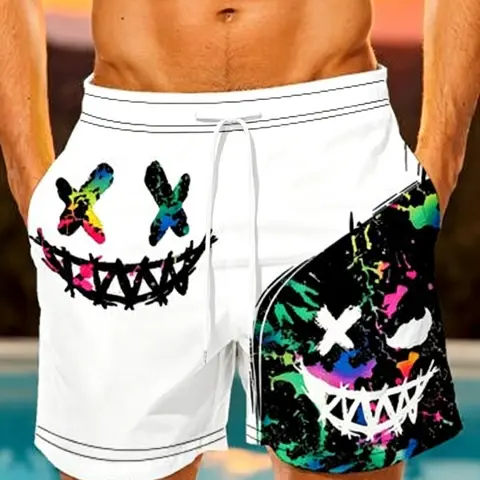 Men's Graphic Beach Pants, Quick-Dry Loose Swim Trunks, Swimwear Shorts, Swimsuit Shorts, Summer Swim Bottoms, Summer Casual Short Pants, Trendy Graffiti Design, Slim-Fitting Above the Knee