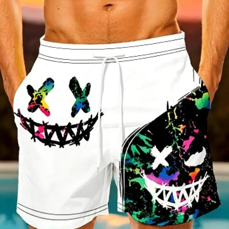 Men's Graphic Beach Pants, Quick-Dry Loose Swim Trunks, Swimwear Shorts, Swimsuit Shorts, Summer Swim Bottoms, Summer Casual Short Pants, Trendy Graffiti Design, Slim-Fitting Above the Knee