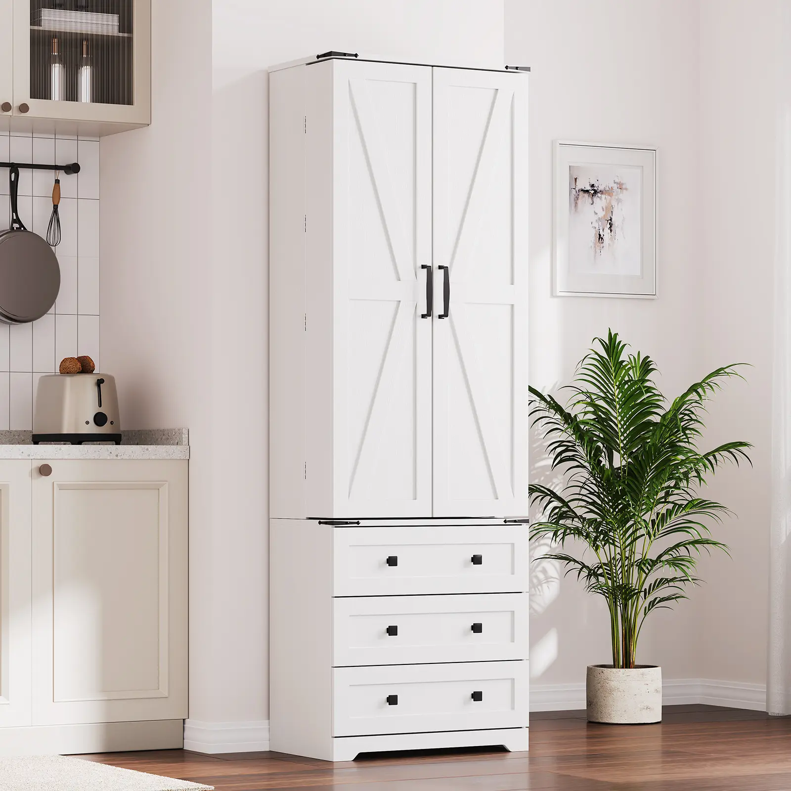 72" Tall Freestanding Kitchen Pantry Cabinet, Farmhouse Storage Cupboard with Barn Doors - 2 Doors, 3 Drawers & Adjustable Shelves - Tall Utility Organizer for Kitchen/Dining/Living/Bath