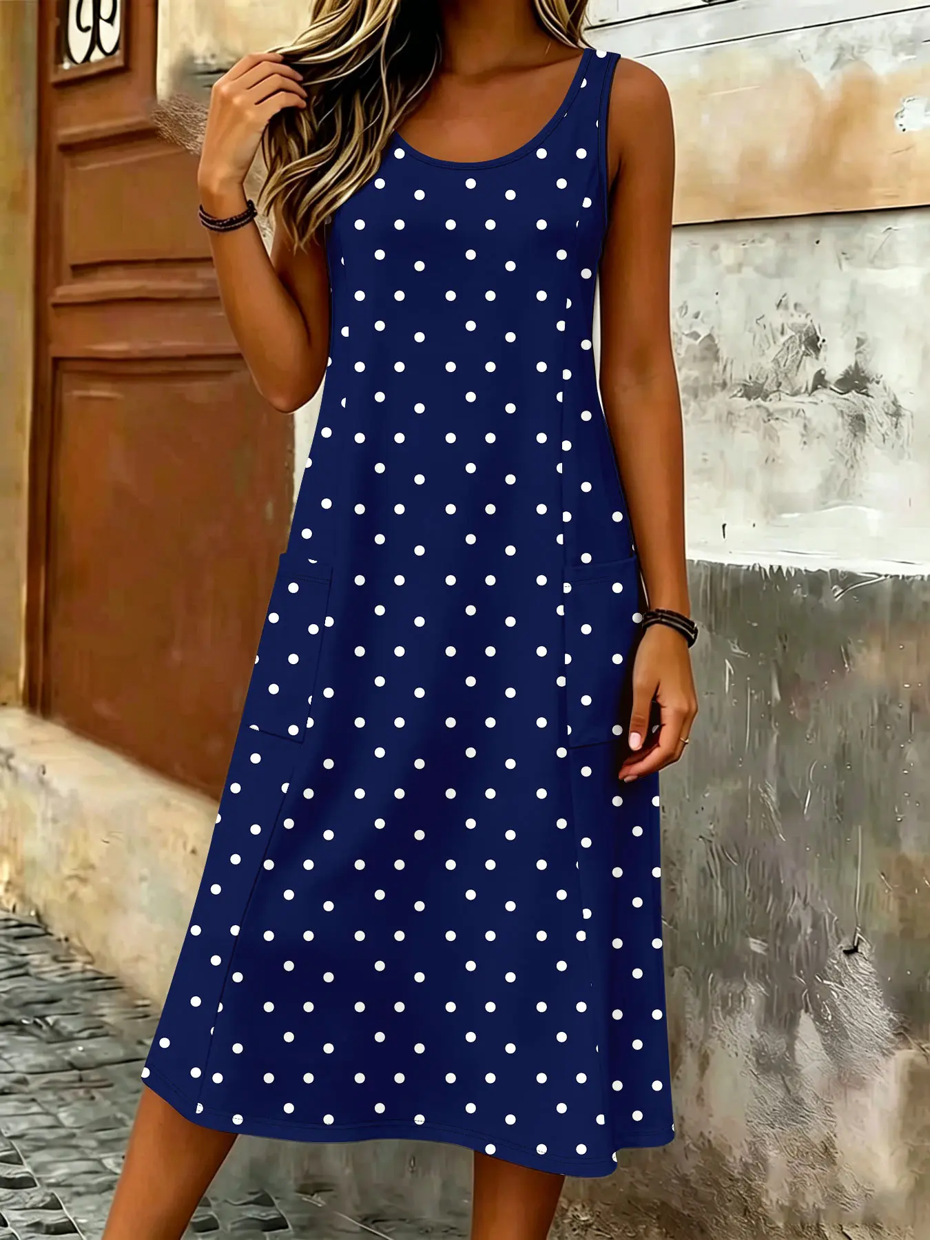 2026 European and American Fashion Casual Wear Crew Neck Sleeveless Women's Sundress With Pockets