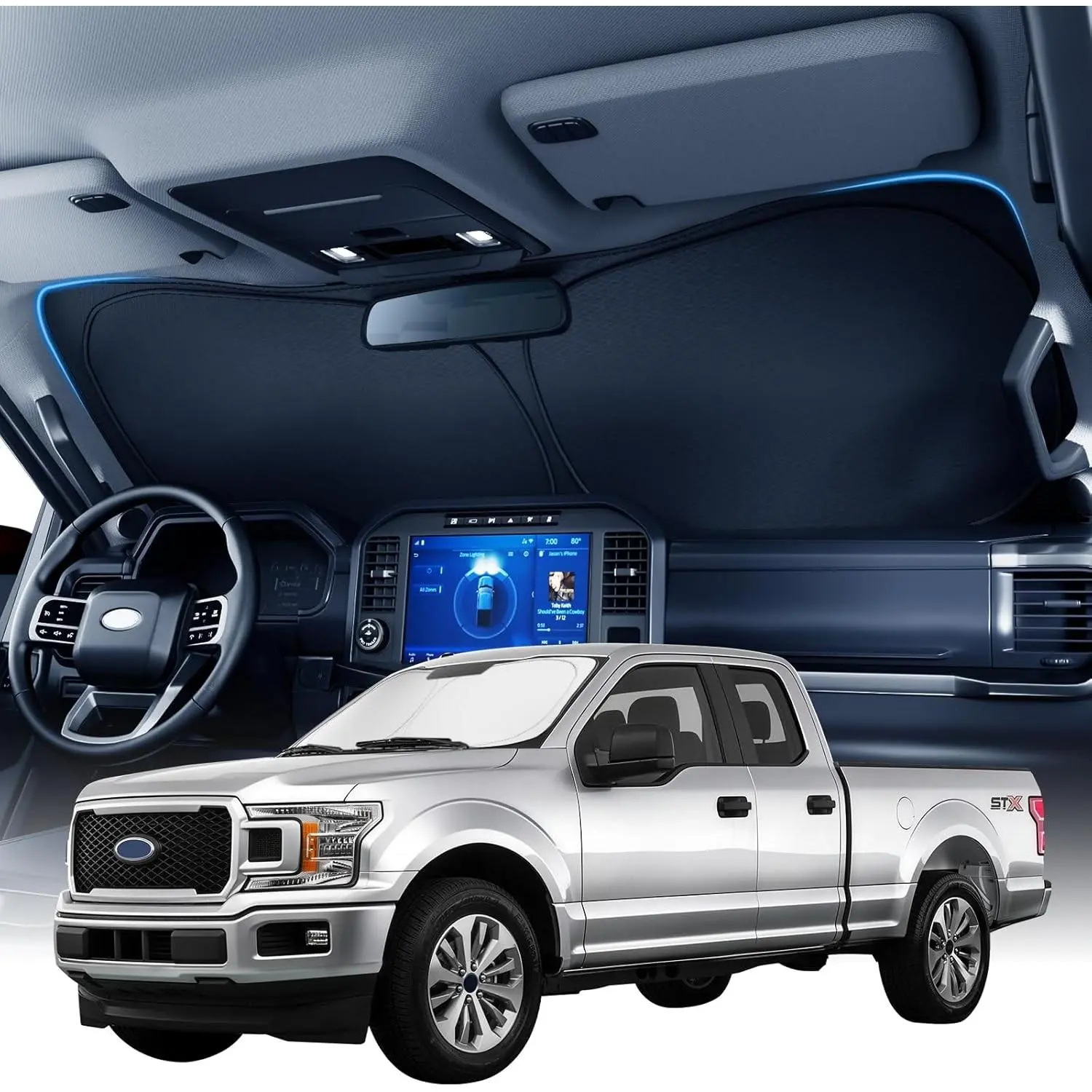 Custom Windshield Sun Shade for Ford F150 F250 F350&450 (2015–2026), 3D Scanned Fit, 7-Layer Heavy-Duty UV & Heat Blocking Protection, Interior Cooling, Foldable Truck Accessories