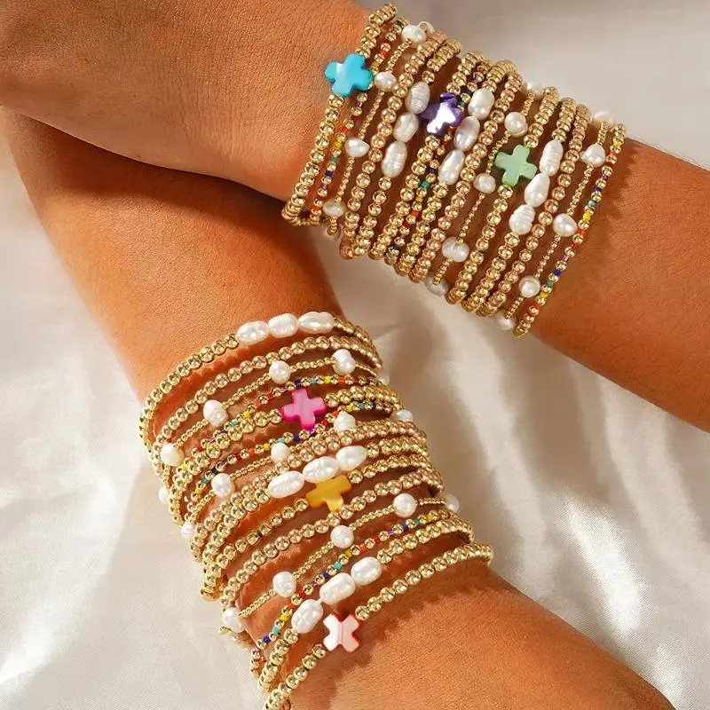 Boho Layered Stretch Bracelet Set for Women, 5-Piece Yes Religious Gold-Plated Beaded Jewelry with Cross Motif, Everyday Friendship Gift, Beadwork Cross Bracelets, Stackable, Stretch Fit, Unisex
