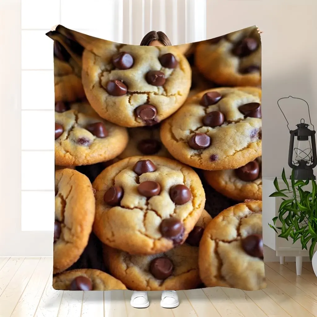 1Pc Chocolate Chip Cookie & Chip Print Flannel Blanket - Ultra-Soft Heavyweight 280GSM Bedspread Suitable For Bed, Sofa, Travel & Camping - Realistic Cookie Design, Cozy Gift For & S (3 Sizes: 30X40In, 50X60In, 60X80In)