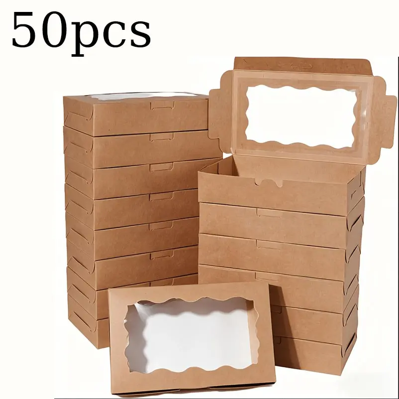 50 Gift Boxes with Window, Drawer-Style Paper Box, Square Packaging, Kraft Paper Box, Gift Box with Lid, Ideal for Birthday, Graduation, Wedding, Anniversary
