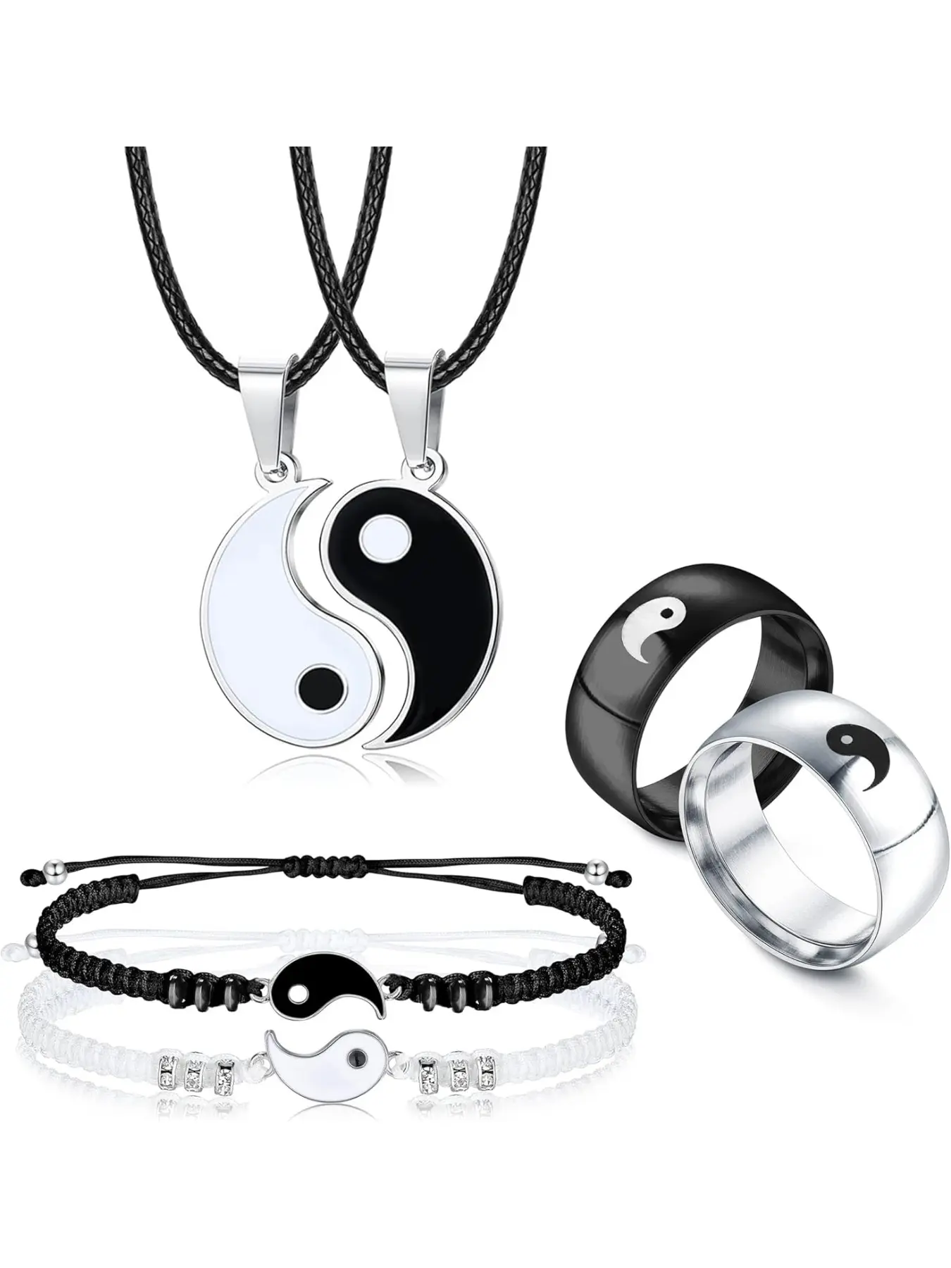 6 Pieces Matching Yin Yang Necklace Bracelets Rings Set Couple Necklace Bracelet Rings for Him and Her Matching Yin Yang Necklace Boyfriend Girlfriend Friendship Valentine's Day Jewelry Sets Gift
