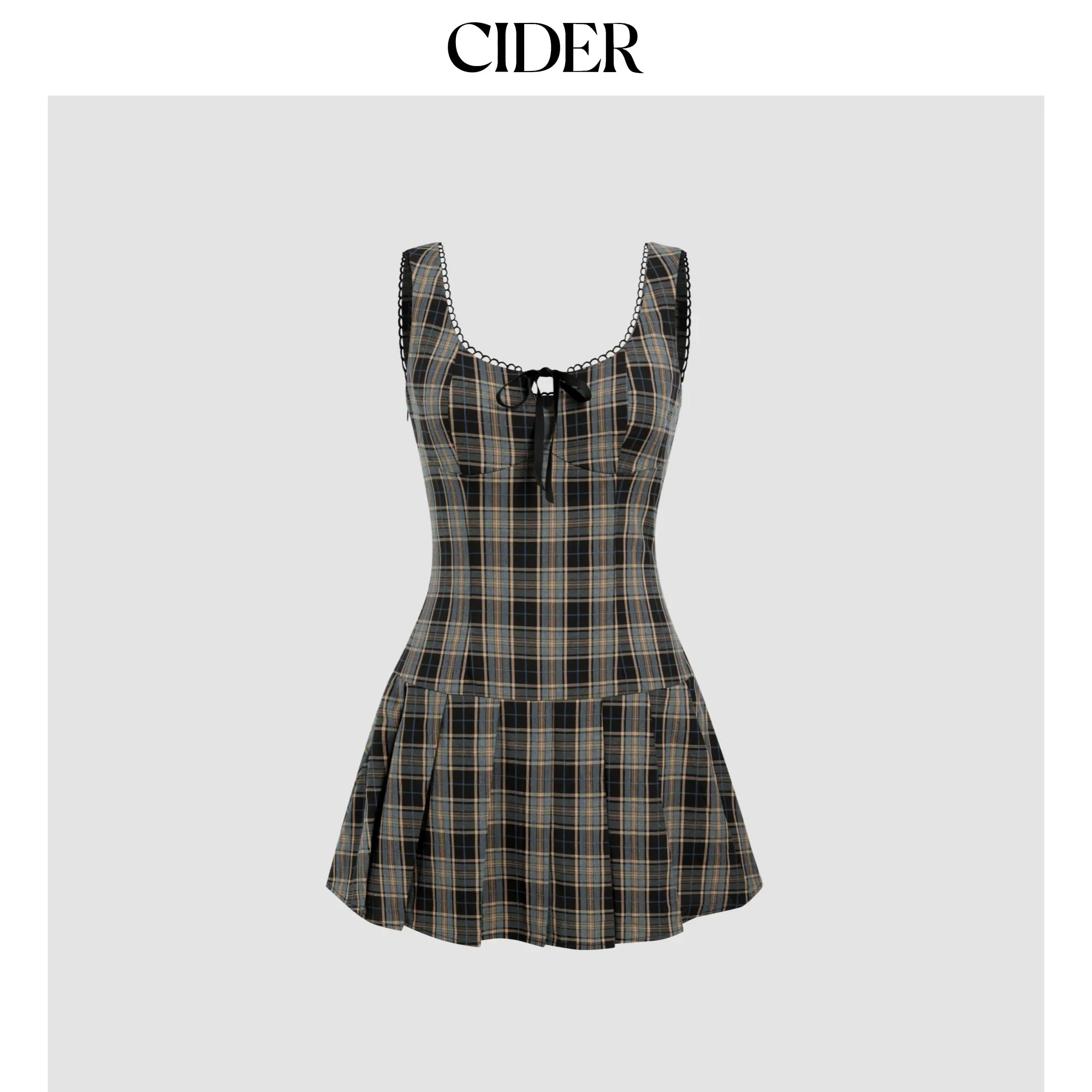Cider [2 colors, size 0-26] Square Neck Check Bowknot Pleated Mini Dress SummerFinds
