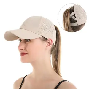 Women's Cross Ponytail Baseball Cap - Universal All-Season Polyester, Summer Quick-Dry Perforated Mesh, UV Protection, Adjustable Fit, Ideal for Running, Gym