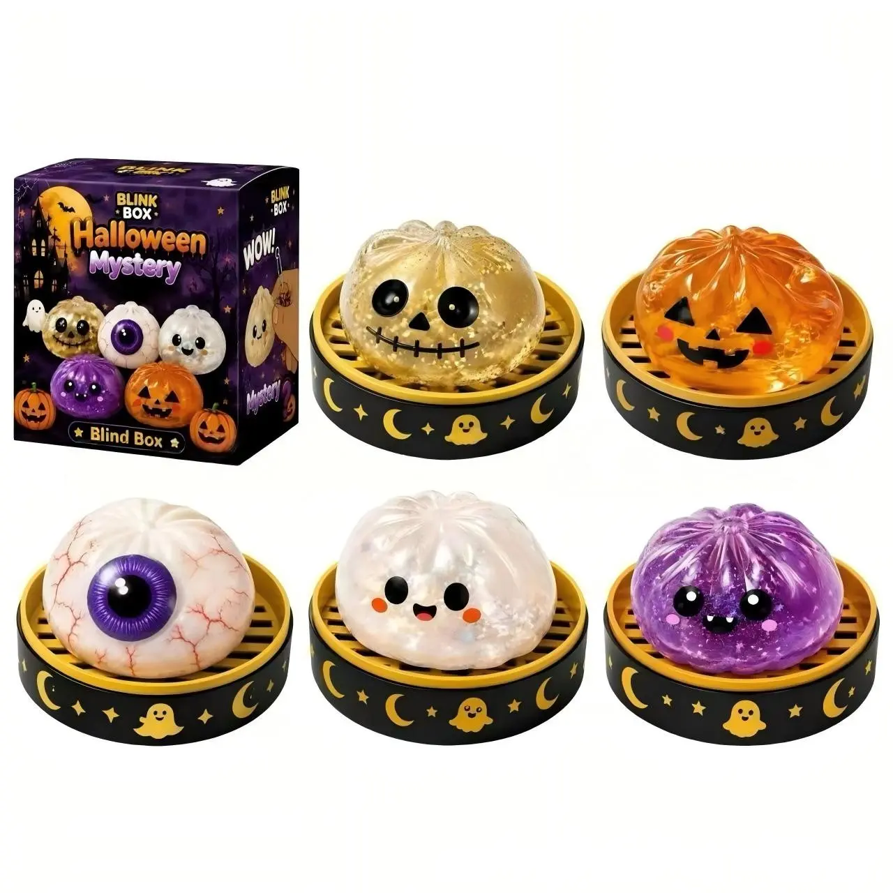 5 PCS Cute Halloween Scary Ghost Maruko Squeeze Toy Set Squishy Dumpling, Mystery Dumpling Squishy Bun ,Portable Stress-Relief Hand Squeeze Toys, Perfect Halloween Party Treat Bag Fillers