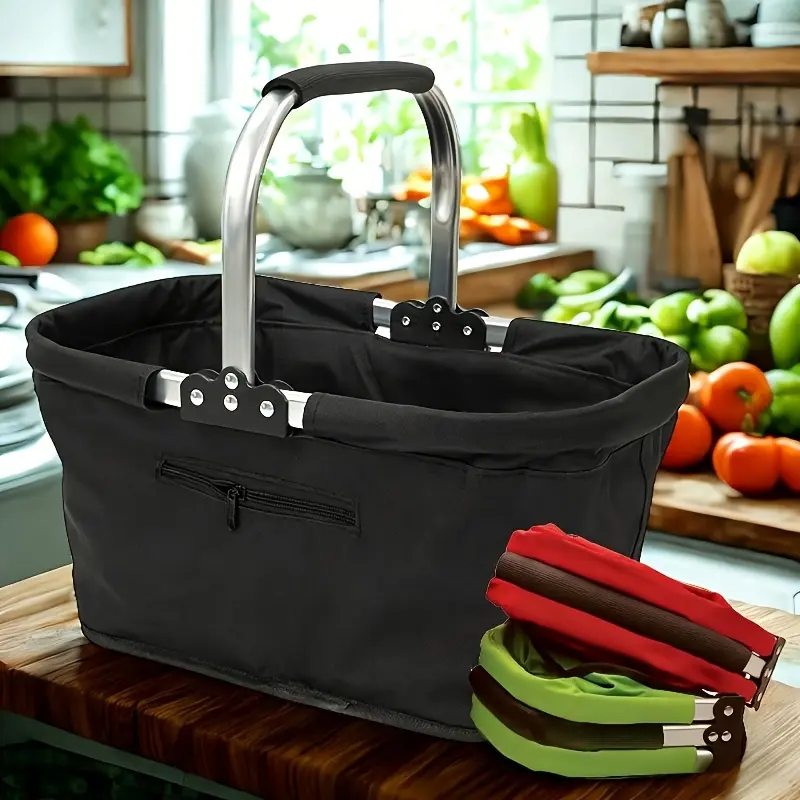 Reusable Folding Shopping Basket, Aluminum Alloy Frame, Portable Home Storage Basket, Ideal for Daily Purchases and Outdoor Activities