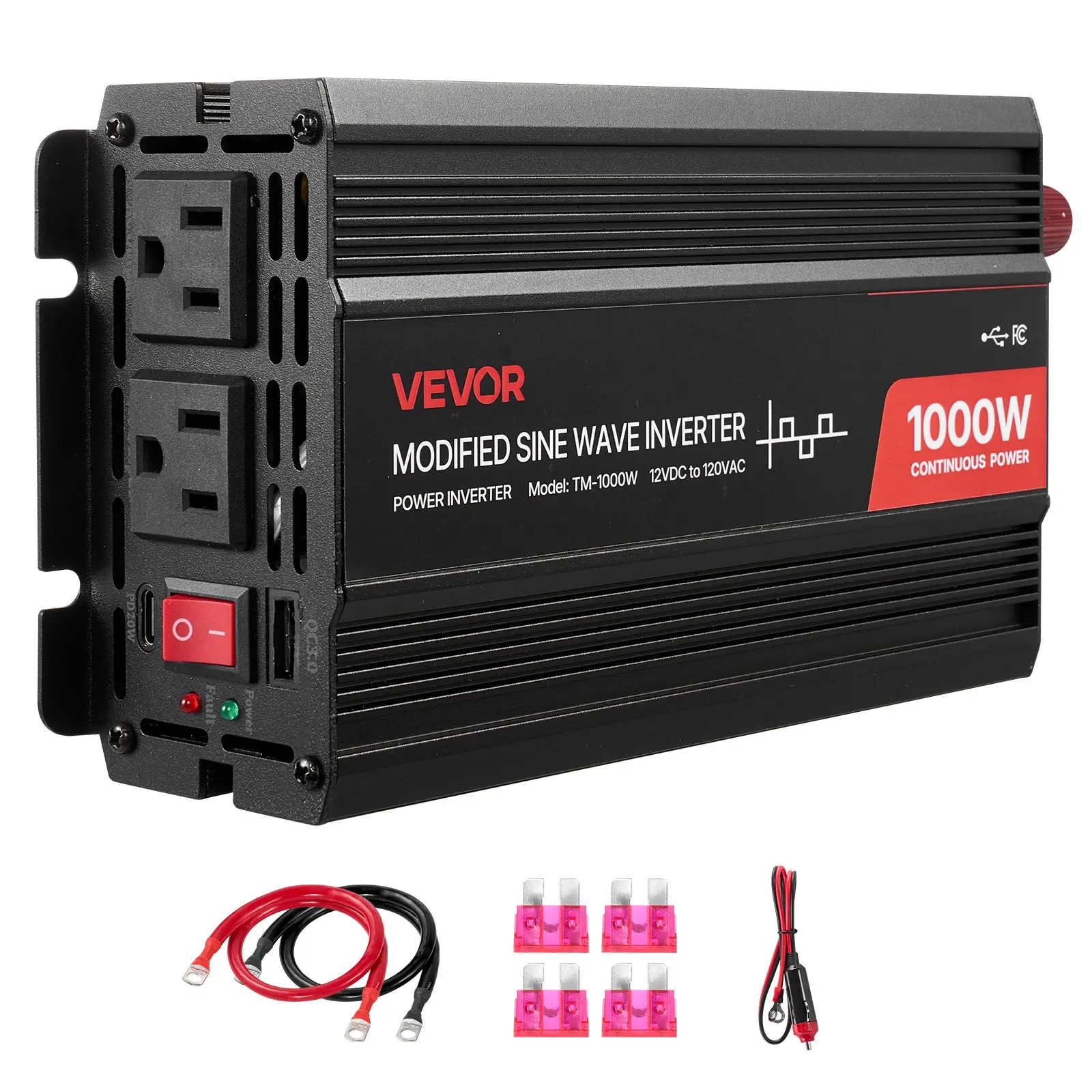 VEVOR 1000W Power Inverter, 12V DC to 120V AC Modified Sine Wave Inverter, Car Charger Converter with USB Type-C Port, 2 AC Outlets, LED Indicator Light, Ideal for RV, Truck Outdoor Camping